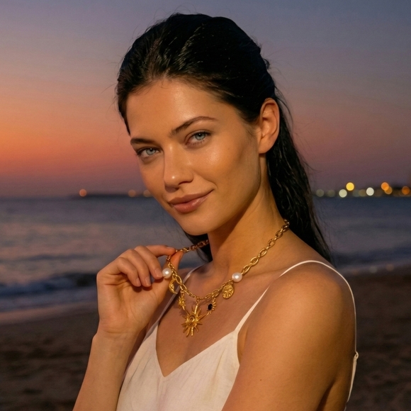 18K Gold Plated Stainless Steel Sun Moon Charm Necklace Celestial Boho Pearl 16" - Picture 12 of 13